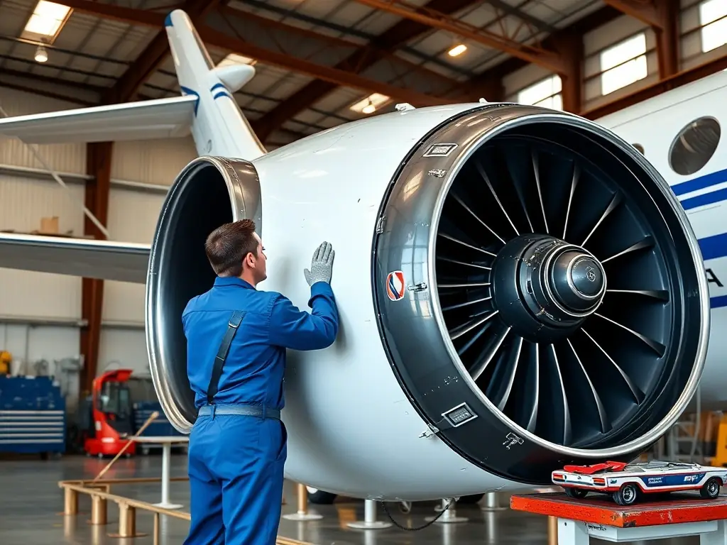 An image of a mechanic performing detailed maintenance on a Gulfstream jet engine, representing Flyser's maintenance solutions. The image should convey precision and reliability.