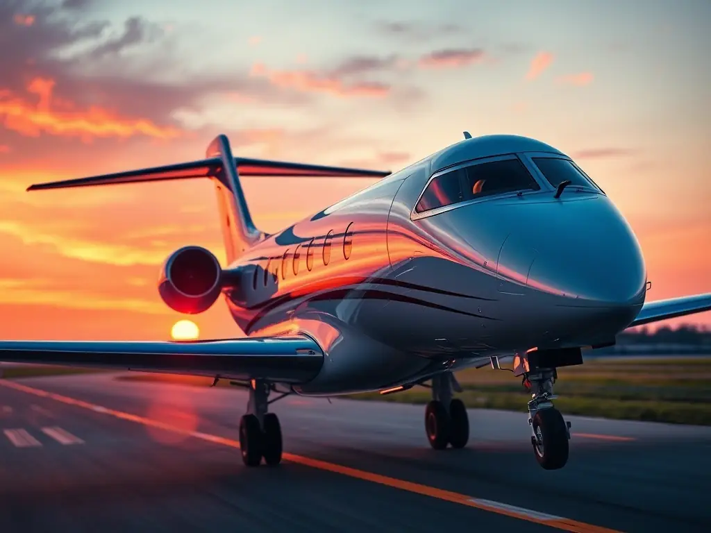 An image depicting a luxurious private jet taking off at sunset, symbolizing Flyser's charter flight services. The image should convey exclusivity and efficiency.