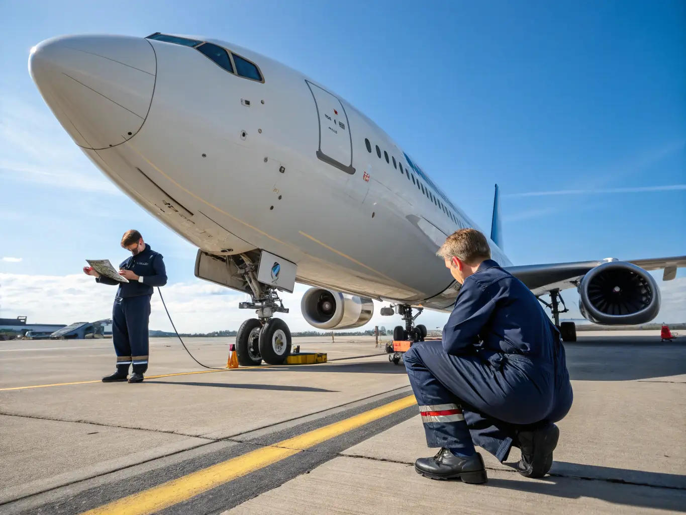 Technicians performing maintenance checks on a Gulfstream aircraft in a hangar, representing Flyser's comprehensive maintenance solutions.