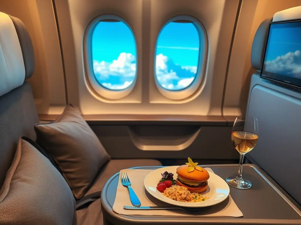 An elegantly arranged gourmet meal being served on a private jet, highlighting Flyser's gourmet catering service. The image should emphasize the quality and customization of the catering options.