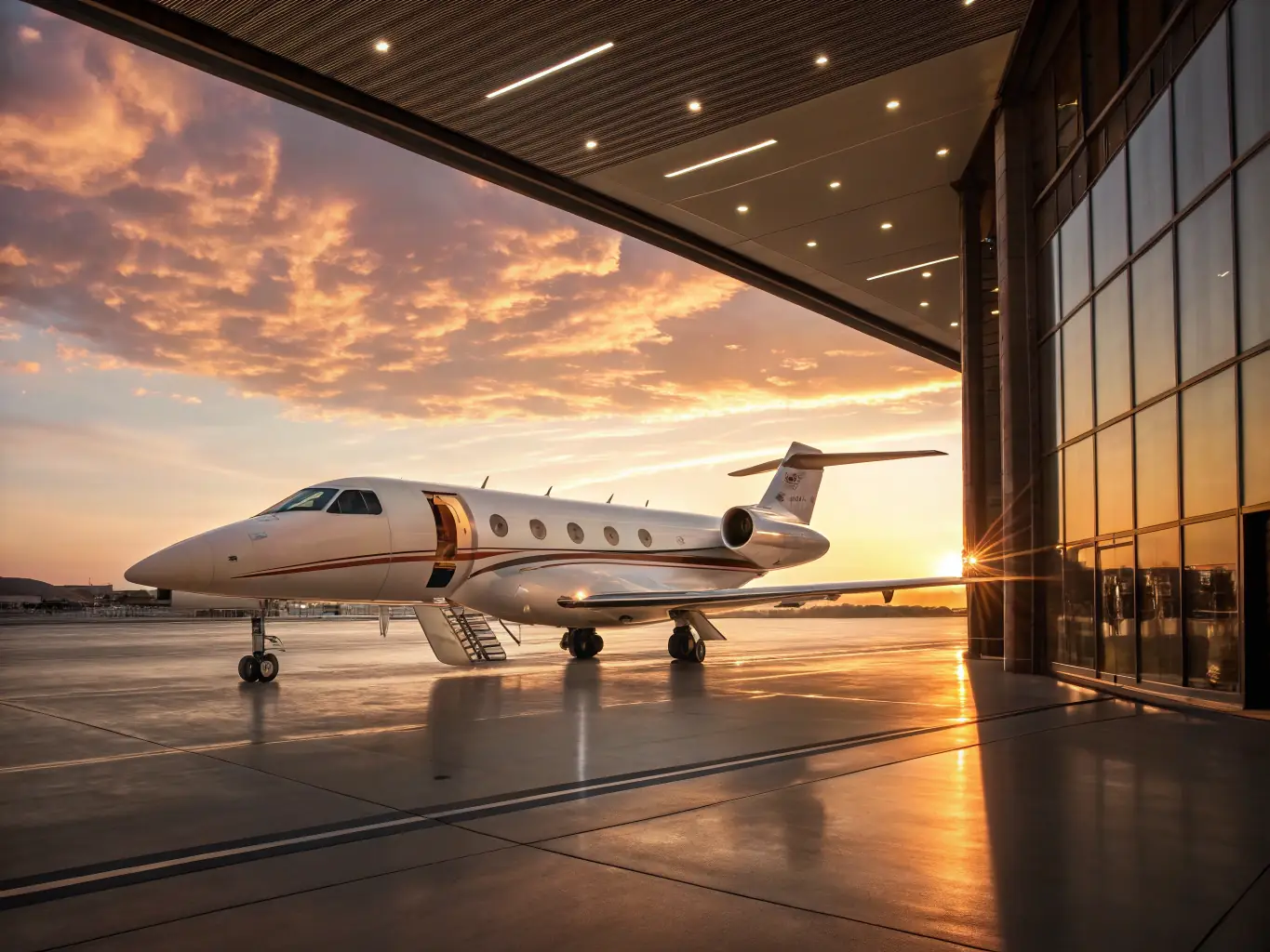 An image of a luxurious Gulfstream aircraft preparing for departure at a private jet terminal, symbolizing Flyser's exclusive charter flight services.