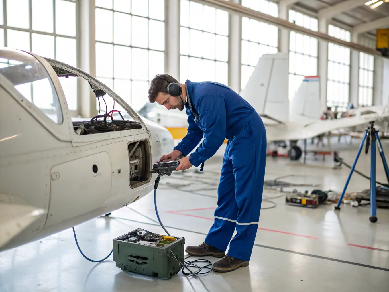 A highly skilled aviation technician performing maintenance on a Bombardier aircraft, showcasing Flyser's maintenance solutions. The image should convey expertise, precision, and adherence to safety standards.