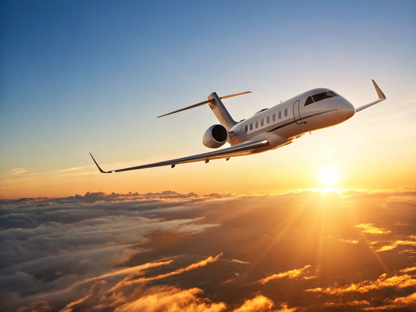 A luxurious private jet taking off at sunset, symbolizing Flyser's exclusive charter flight services. The image should convey a sense of luxury, speed, and personalized service.