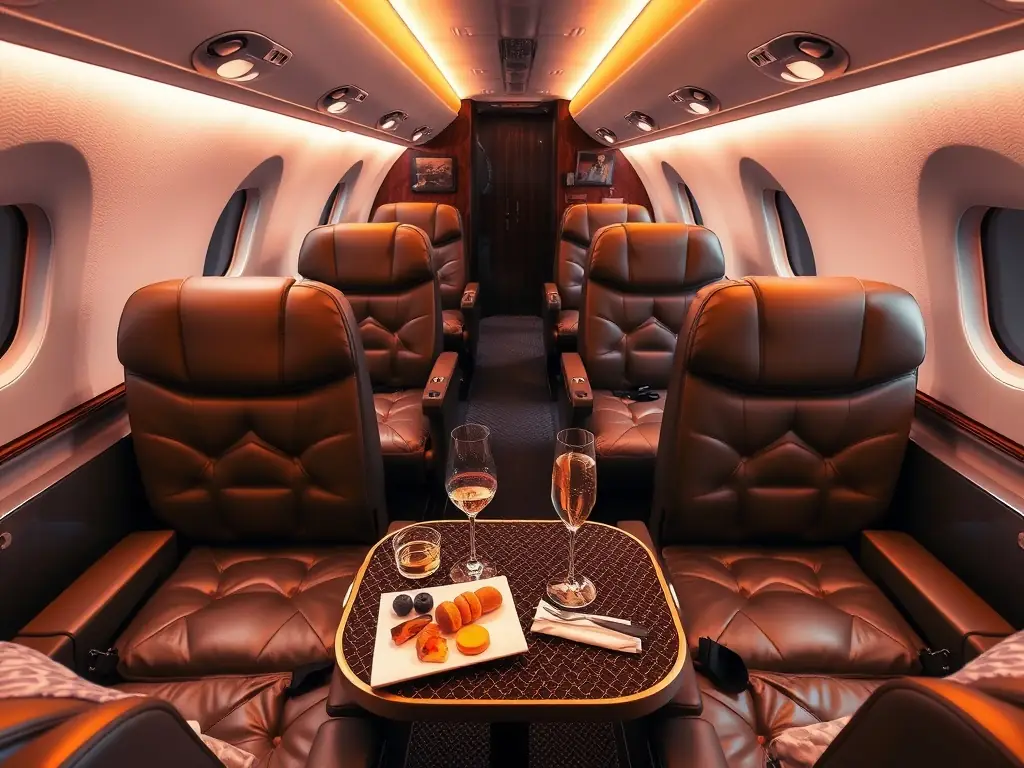 A photo of a beautifully arranged gourmet meal tray on a private jet, showcasing Flyser's gourmet catering service.