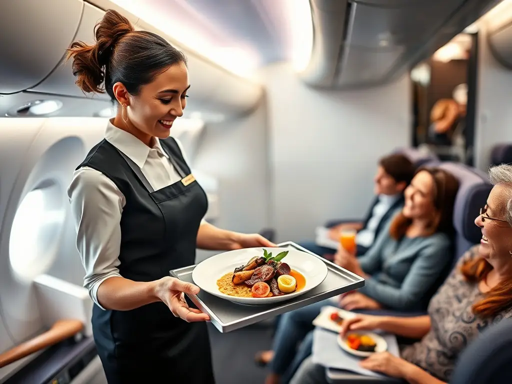 An image showcasing a beautifully arranged gourmet meal inside a private jet, highlighting Flyser's gourmet catering services. The image should emphasize quality and customization.